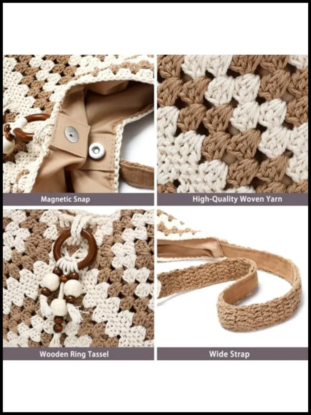 Handmade Crochet Bohemian Beach Shoulder Bag for Women, Woven Tote with Wooden